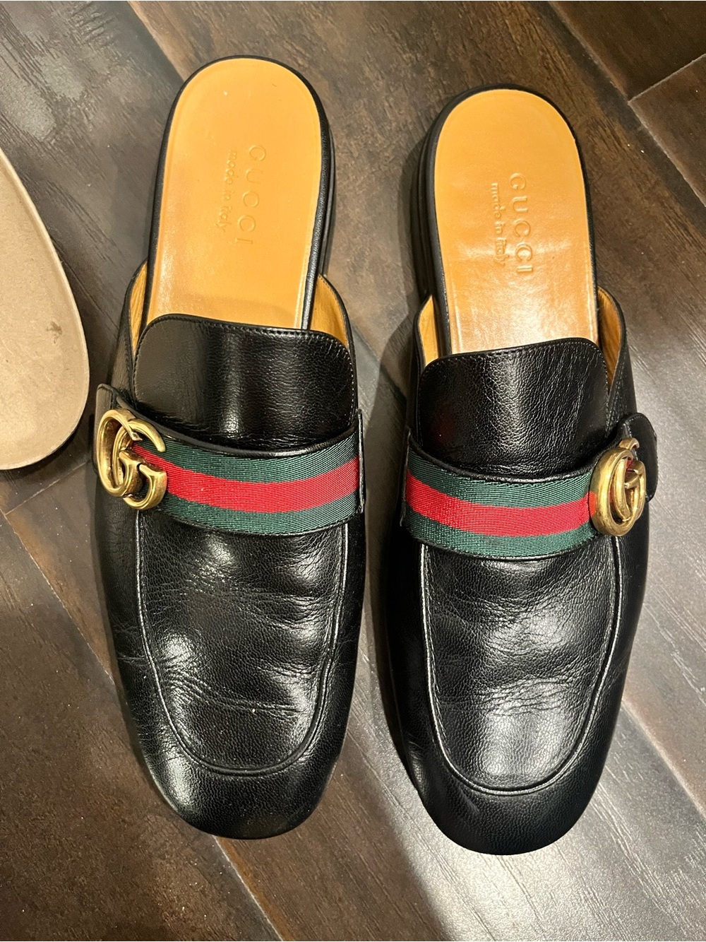 Gucci Black Leather Slip-On Loafers with Green-Red Web and Gold Horsebit